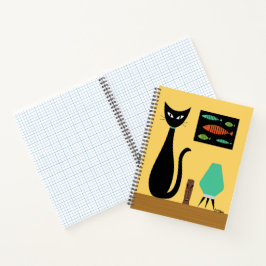 Midden eeuw kat met retro vis op geel notitieboek