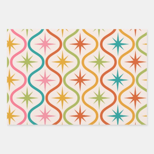 Midden eeuw kleurrijke Starbursts op Ogee Ovals Inpakpapier Vel (Voorkant)