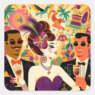 Midden eeuw Mardi Gras Cocktail Party Vierkante Sticker