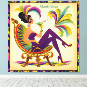 Midden eeuw Mardi Gras Vrouw met een Martini Canvas Afdruk
