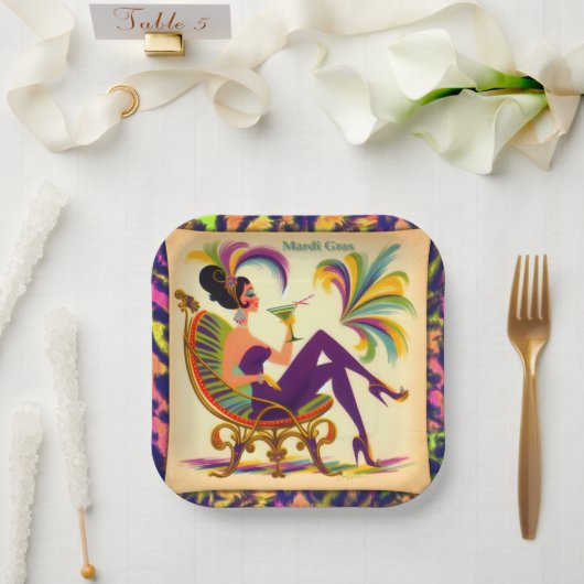 Midden eeuw Mardi Gras Vrouw met een Martini Papieren Bordje (Huwelijk)