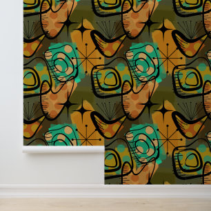 Midden eeuw modern aqua en gouden trillingen behang