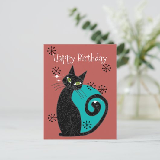 Midden eeuw modern atomaire kat retro gelukkige ve briefkaart (Staand voorkant)