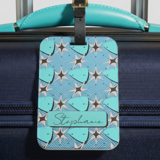 Midden eeuw modern blauw patroon bagagelabel