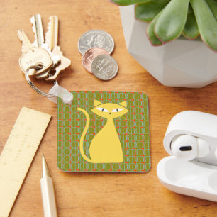 Midden eeuw modern kat op geometrisch patroon sleutelhanger
