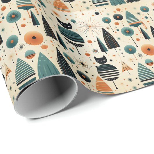 Midden eeuw modern katten bomen bloemen cadeaupapier (Rol Hoek)