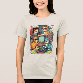Midden eeuw modern katten met platen & tv Tri-Blend shirt