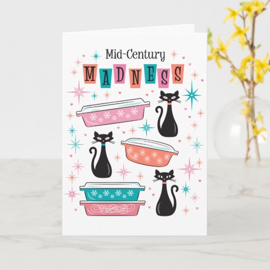 Midden-Eeuw Modern Madness Kaart Pyrex Cats Kitsch (Gele Bloem)