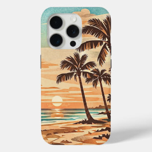 midden eeuw modern strand Hawaii zonsondergang pal iPhone 15 Pro Case