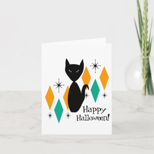 Midden Eeuw Modern Zwart Kat Gelukkig Halloween Kaart (Voorkant)