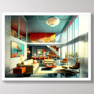 Midden eeuw moderne architecturale interieurtekeni poster