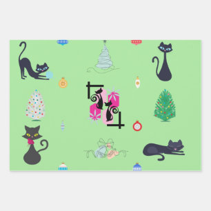 Midden eeuw moderne Atomic Cat Kerstvakantie Inpakpapier Vel