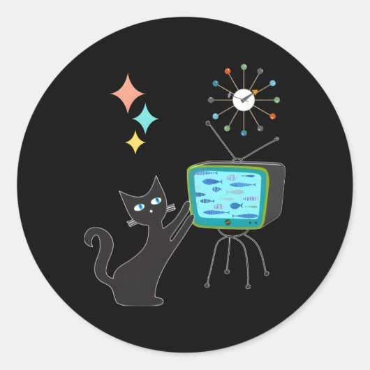 Midden eeuw moderne atoomkat met vis-tv ronde sticker (Voorkant)