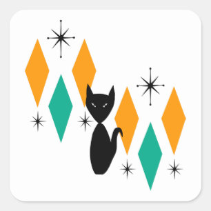 Midden-eeuw moderne atoomsterringen diamanten kat vierkante sticker