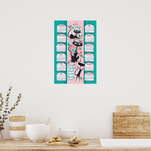 Midden-eeuw moderne katten kalender 2024 poster (Keuken)