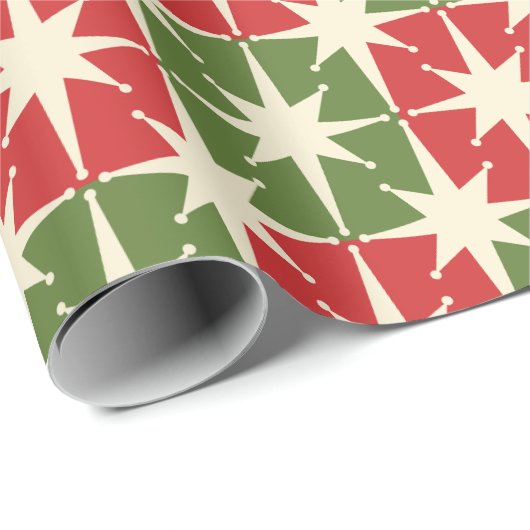 Midden eeuw Moderne Kerst Retro Starbursts Cadeaupapier (Rol Hoek)