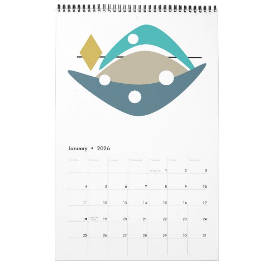 Midden eeuw Moderne Originele Atoomkunst Kalender (Jan 2026)