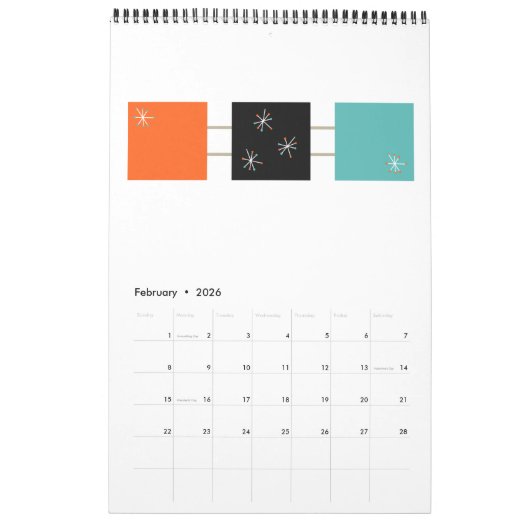 Midden eeuw Moderne Originele Atoomkunst Kalender (Feb 2026)