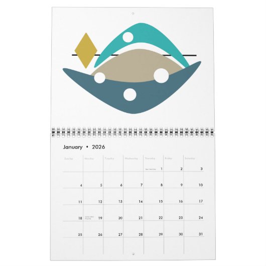 Midden eeuw Moderne Originele Atoomkunst Kalender (Jan 2026)