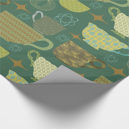 Midden eeuw moderne retro groene theekopje cadeaupapier (Hoek)