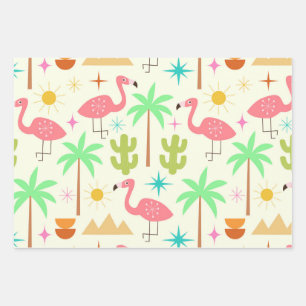 Midden eeuw Palm Springs Flamingo met Bomen Inpakpapier Vel