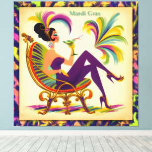 Midden eeuw Retro 60s Mardi Gras Martini Vrouw Canvas Afdruk
