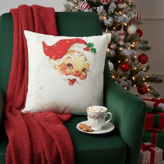 Midden-Eeuw  Retro Kerstman Kerst Kussen (Mid Century Vintage Retro Santa Claus Christmas Throw Pillow)