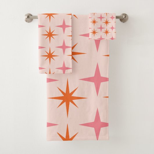 Midden eeuw Retro Starbursts Patroon Roze Sinaasap Bad Handdoek (Insitu)