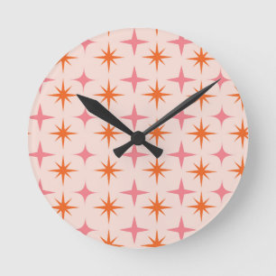 Midden Eeuw Retro Sterrensterren Patroon Roze Oran Ronde Klok