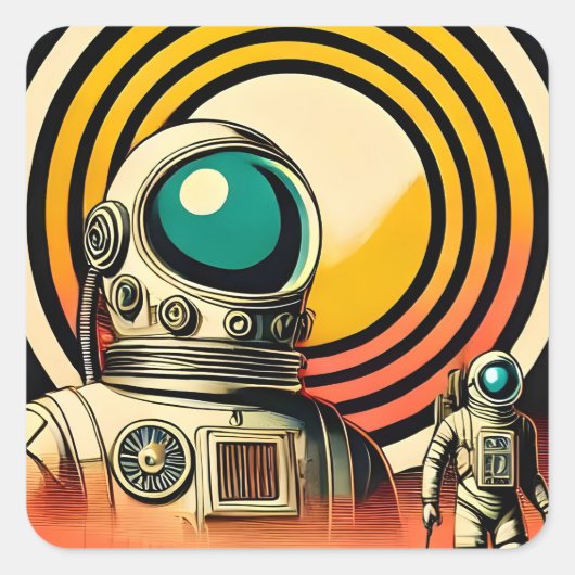 Midden-Eeuw Ruimtetijd Astronaut Landing Art Vierkante Sticker (Voorkant)