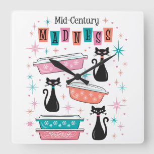 Midden-eeuw Starburst Retro Pyrex Zwart Katten Klo Vierkante Klok