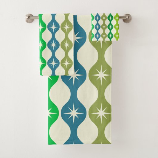 Midden eeuw Starbursts op groen blauw Ogee patroon Bad Handdoek (Insitu)