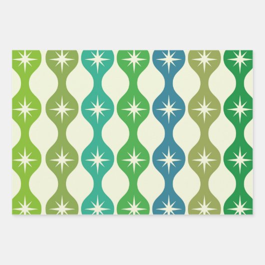 Midden eeuw Starbursts op groen blauw Ogee patroon Inpakpapier Vel (Voorkant)