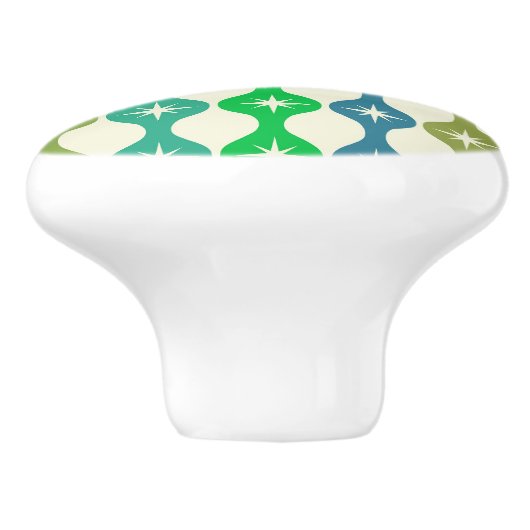 Midden eeuw Starbursts op groen blauw Ogee patroon Keramische Knop (Zijkant)