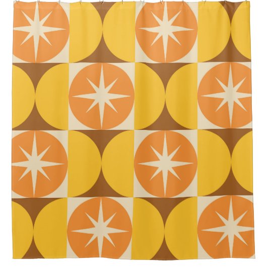 Midden-Eeuw Starbursts op Oranje Gele Cirkels Douchegordijn (Voorkant)