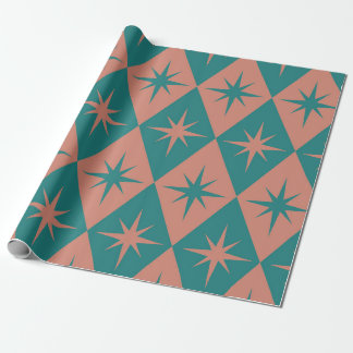 Midden eeuw steruitbarstingen op koraal teal diama cadeaupapier
