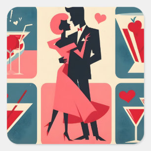 Midden eeuw Valentijn dansend paar Vierkante Sticker