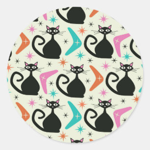 Midden eeuw zwart atomaire katten met boemerangs ronde sticker