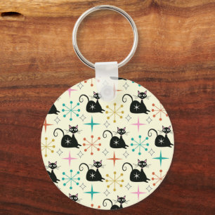 Midden eeuw zwart atomaire katten met retro sterre sleutelhanger
