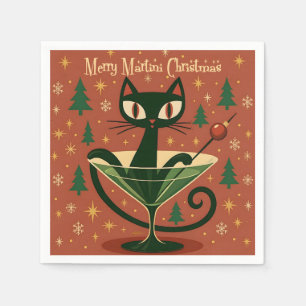 Midden Eeuw Zwarte Kat Merry Martini Kerstmis Servet