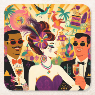 Midden eeuws retro 60s Mardi Gras Cocktailparty Vierkante Kartonnen Onderzetter