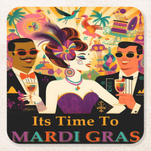 Midden eeuws retro 60s Mardi Gras Cocktailparty Vierkante Kartonnen Onderzetter