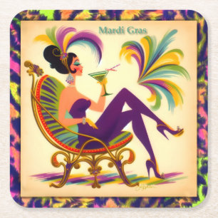 Midden eeuws Retro 60s Mardi Gras Martini Vrouw Vierkante Kartonnen Onderzetter