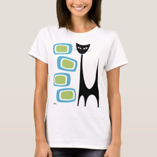 Midden-Eeuwse Atoomkat met Groene en Blauwe Oblong T-shirt