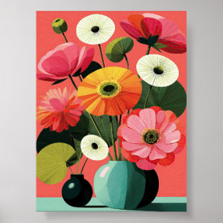 Midden-eeuwse bloemstilleven koraal wandkunst poster
