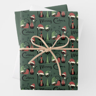 Midden eeuwse Kerstkatten Atomaire stijl 50s Inpakpapier Vel
