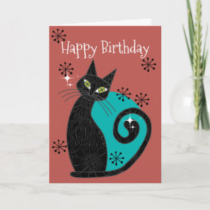 Midden-eeuwse moderne atoomkat-retro Happy Birthda Kaart