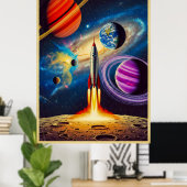 Midden-eeuwse  Sci-Fi Space Travel Illustrati Poster (Thuiskantoor)
