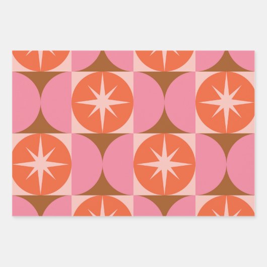Midden-eeuwse Starbursts op roze Oranje cirkels Inpakpapier Vel (Voorkant 3)