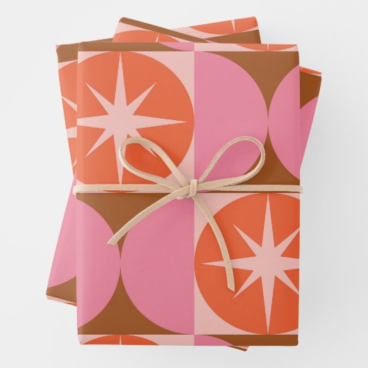 Midden-eeuwse Starbursts op roze Oranje cirkels Inpakpapier Vel (In situ)